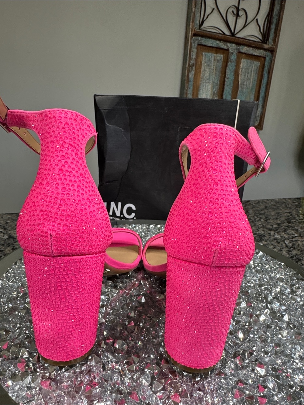 INC International Concepts Neon Pink Block Heel Ankle Strap Sandals - Picture 10 of 14